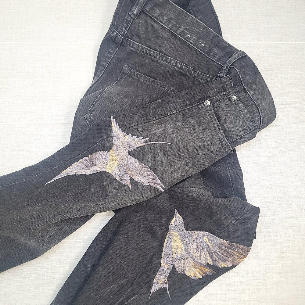 All Saints Bird Embroidered Black Cropped Jeans - Size 25 - Picture 11 of 11